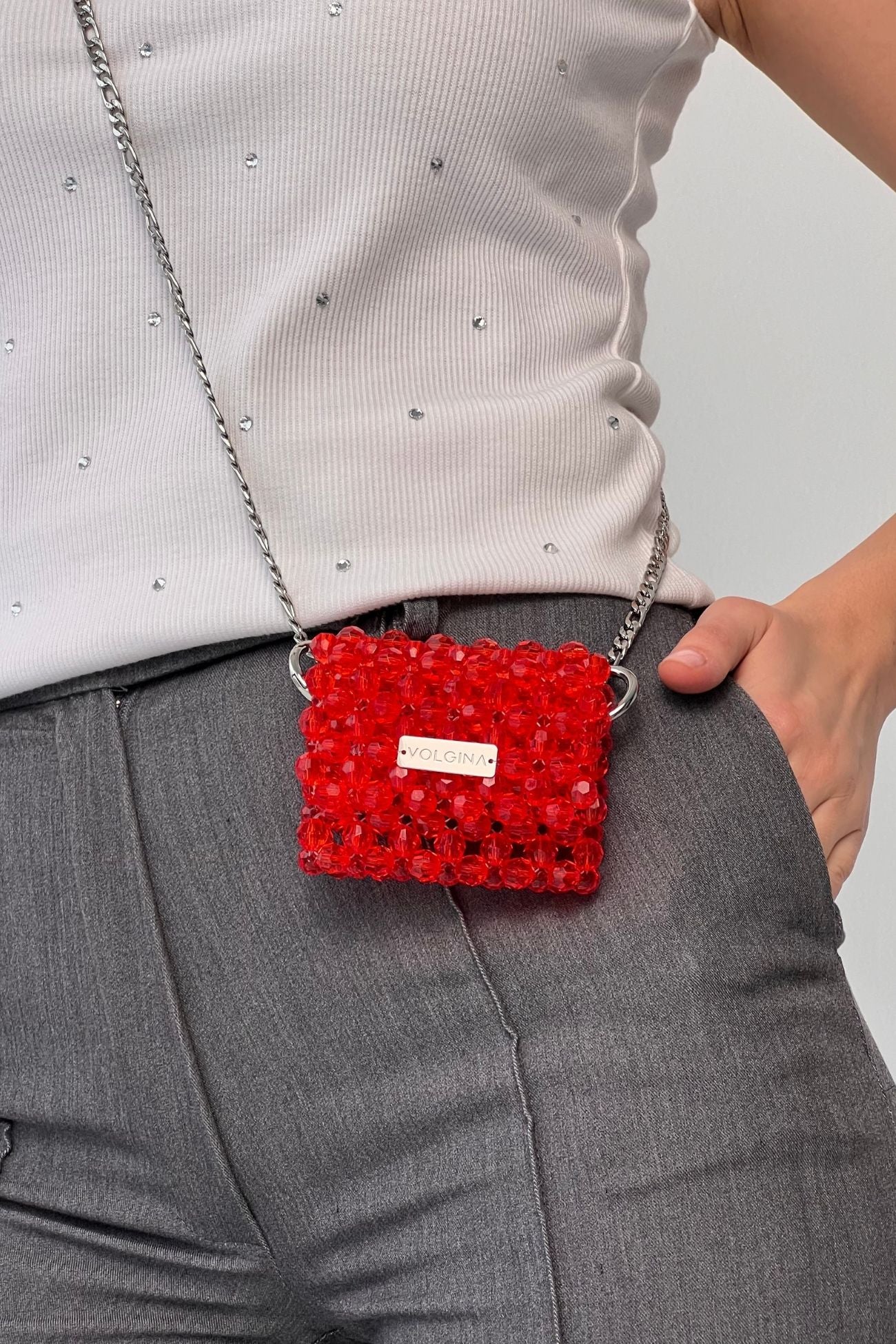 Red Beaded Mini Bag with Swarovski Acrylic Beads, Handmade