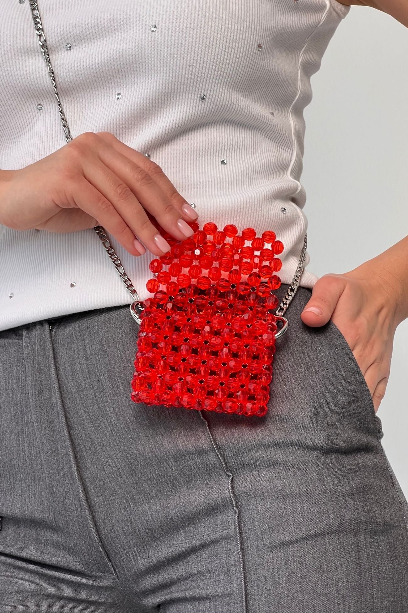 Red Beaded Mini Bag with Swarovski Acrylic Beads, Handmade