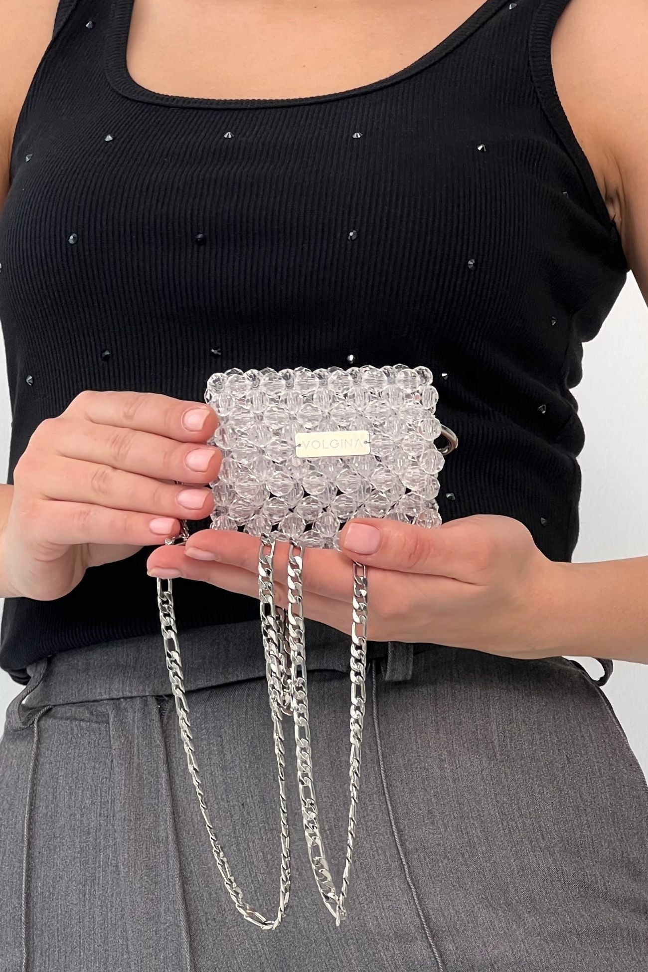 White Beaded Mini Bag with Swarovski Acrylic Beads, Handmade