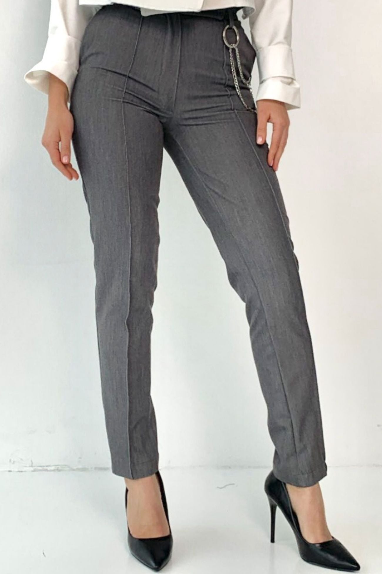 Original Grey High-Waisted Business Pants with Decorative Chain