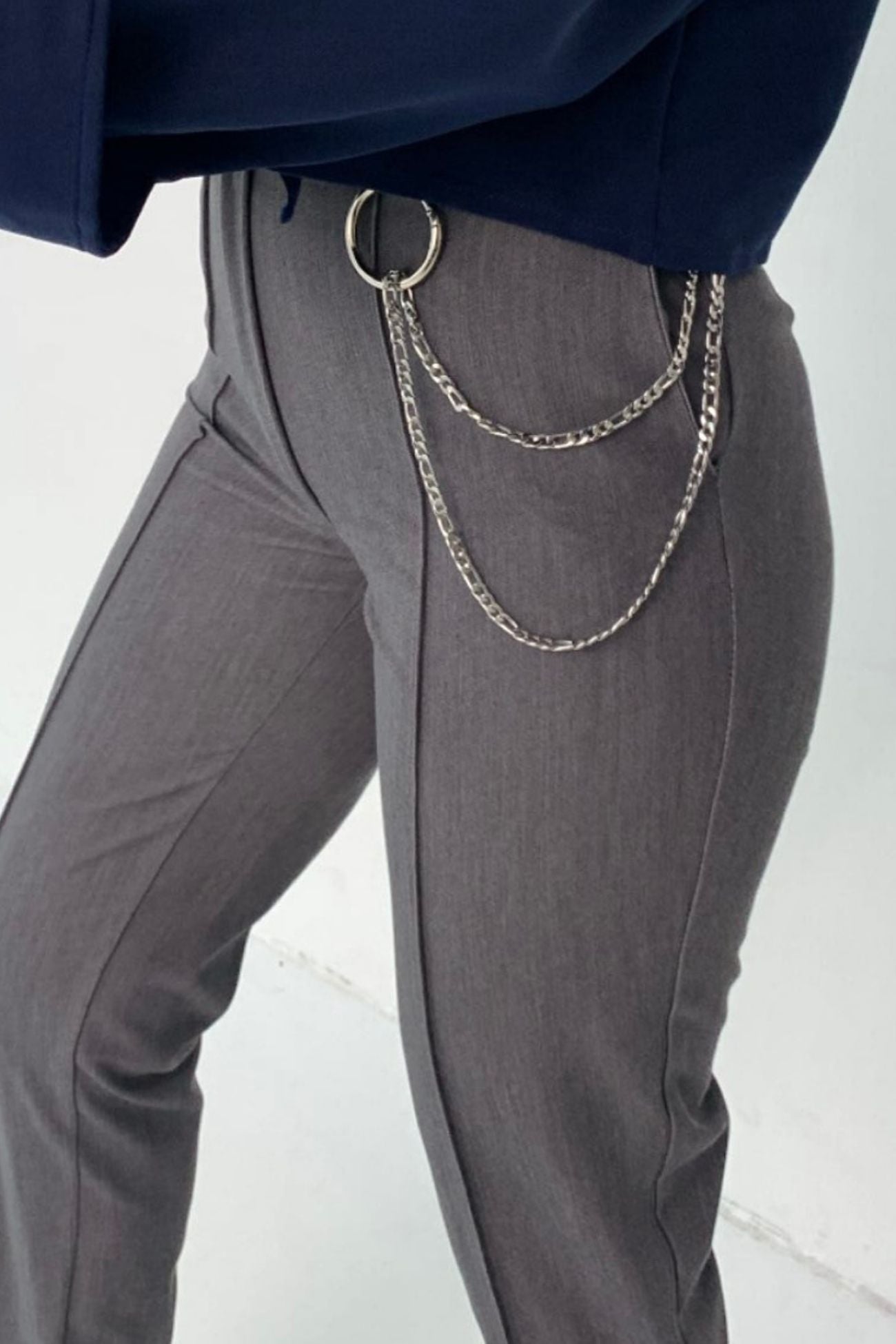 Original Grey High-Waisted Business Pants with Decorative Chain