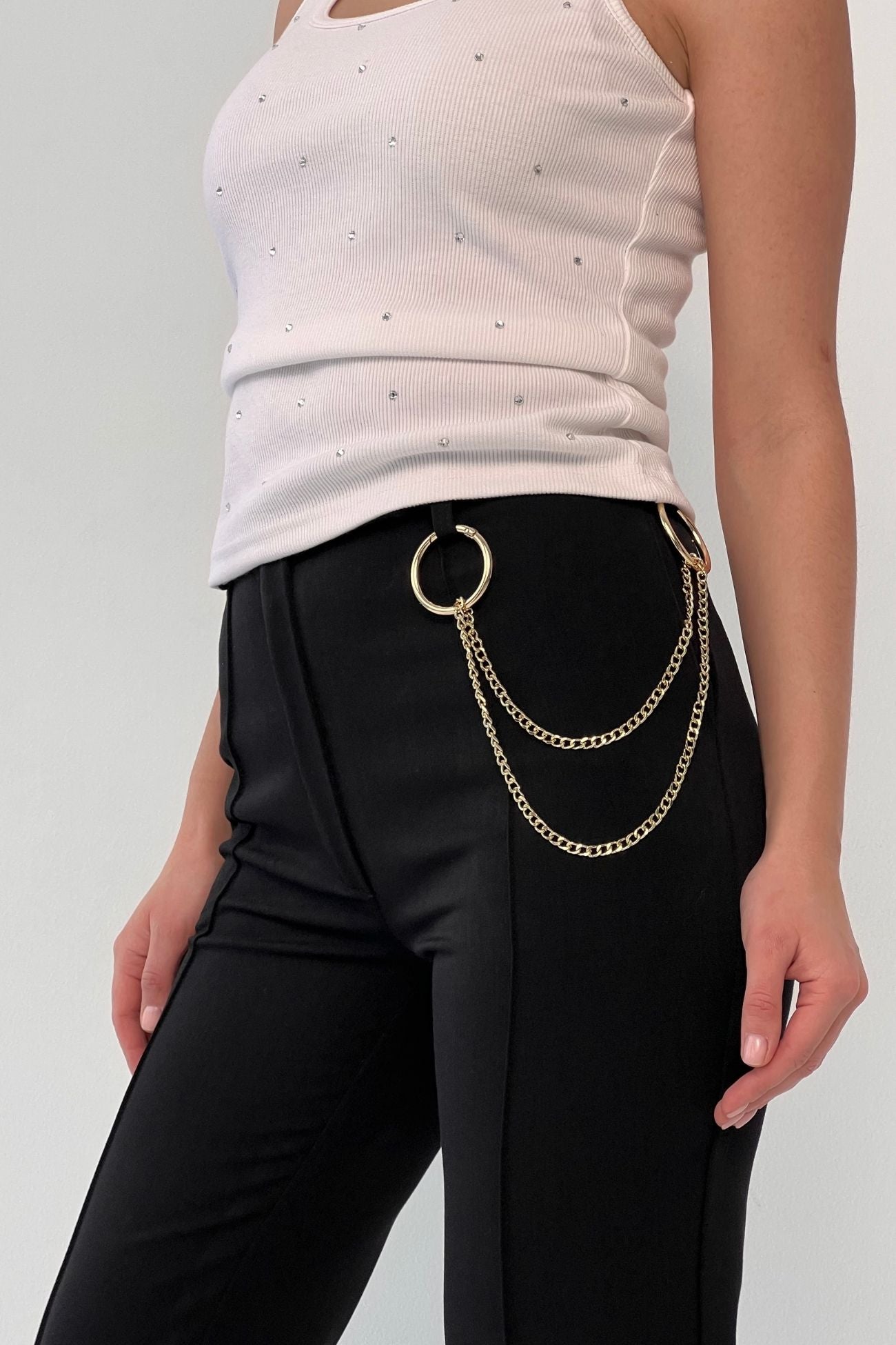 Original Black High-Waisted Business Pants with Decorative Chain
