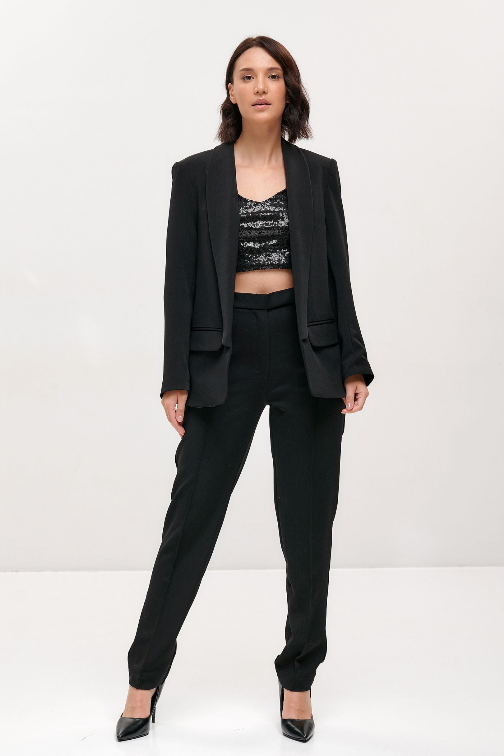 Black Formal Suit for Women, Open Front Blazer & Trousers Suit, Business Suit without Buttons