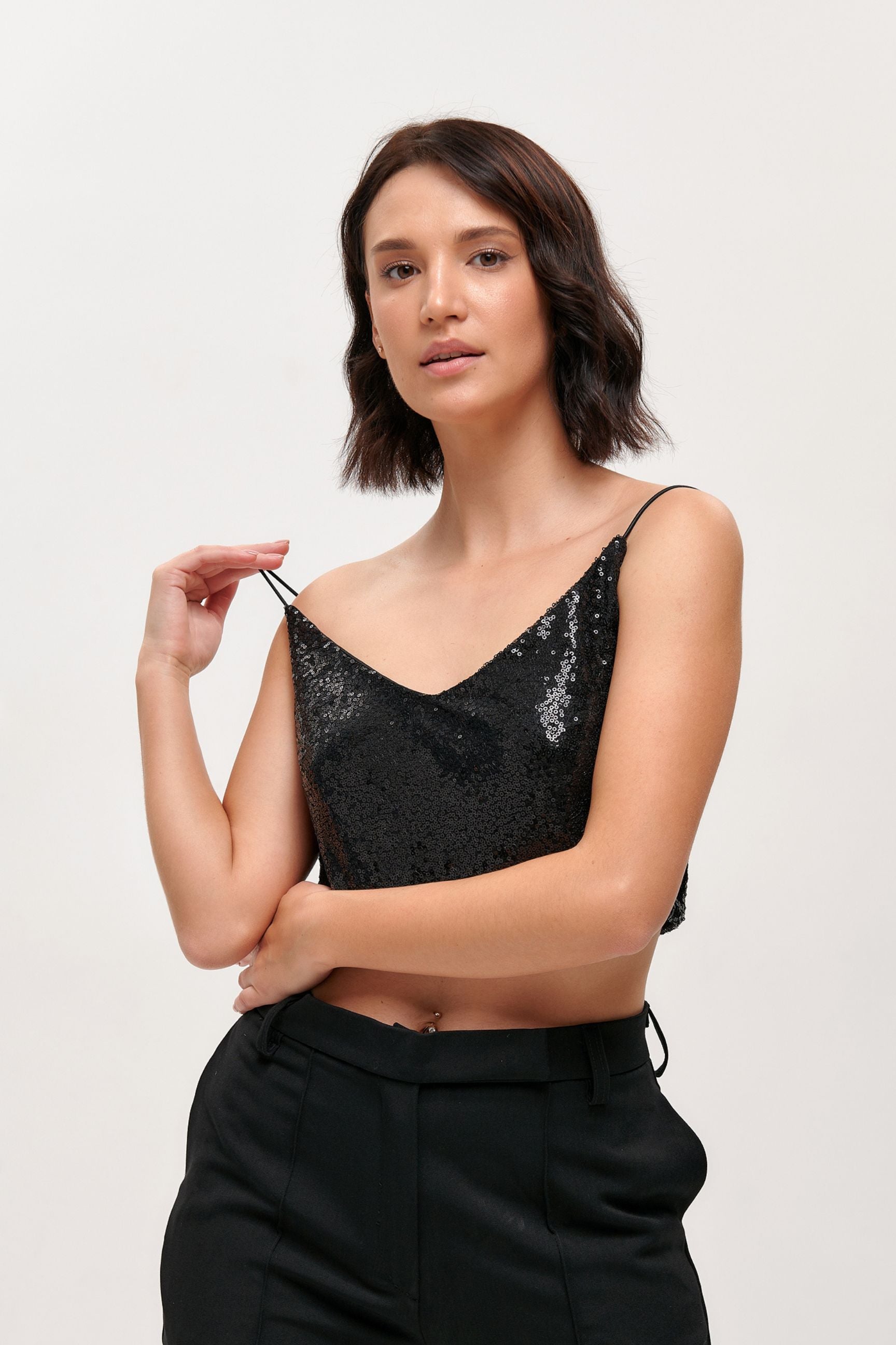 Sequin Crop Top in Glitter for Women - Black