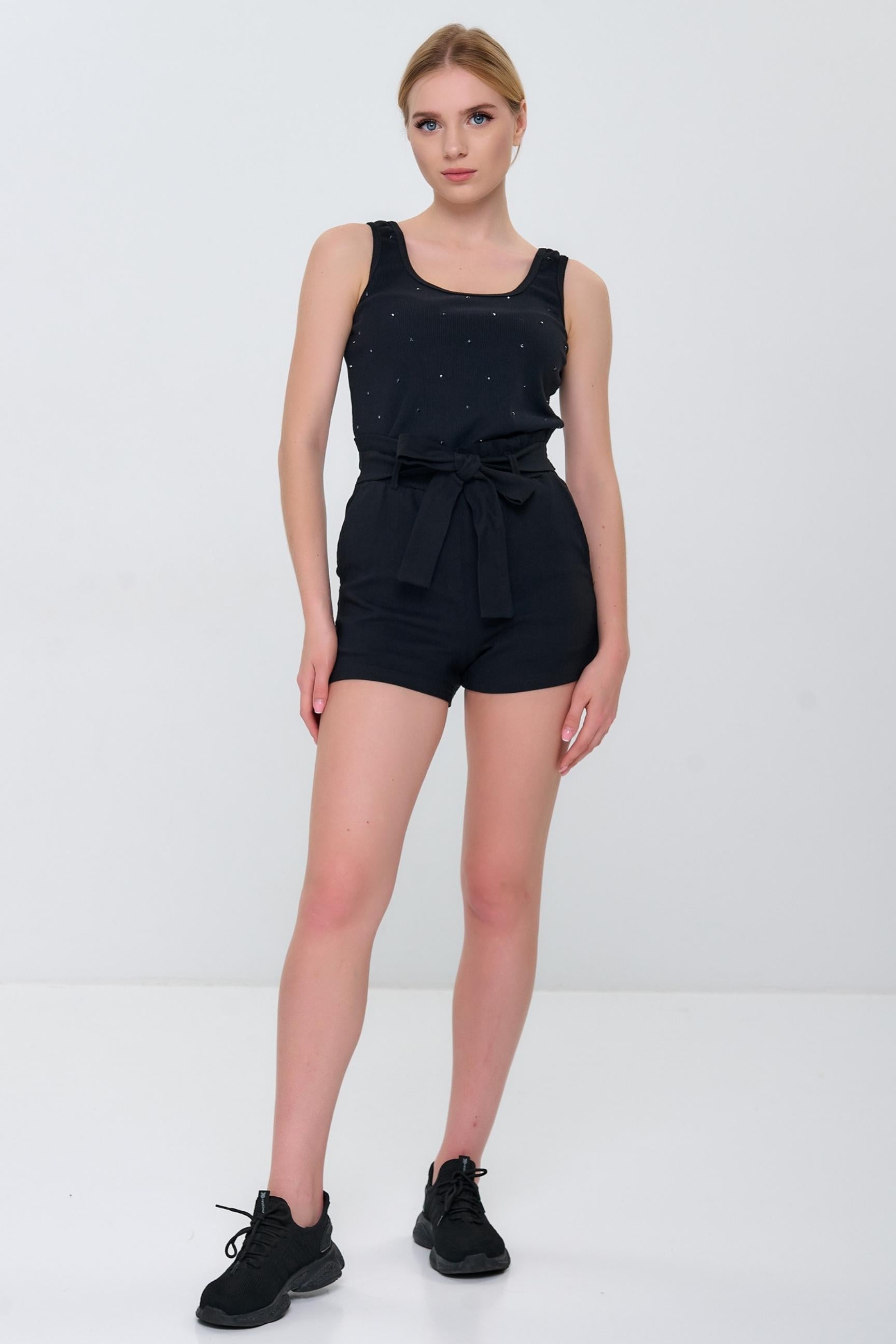 VOLGINA Couture Black Handmade Tank Top with Swarovski Rhinestones + Black Handmade Shorts Bundle