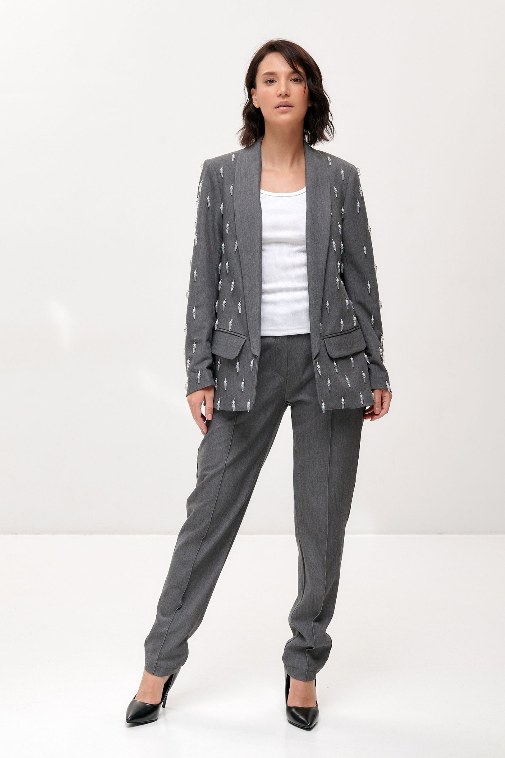 Open Front Blazer & Trousers Suit, Classic Suit for Women, Business Suit with Swarovski Pearls and Crystal Beads