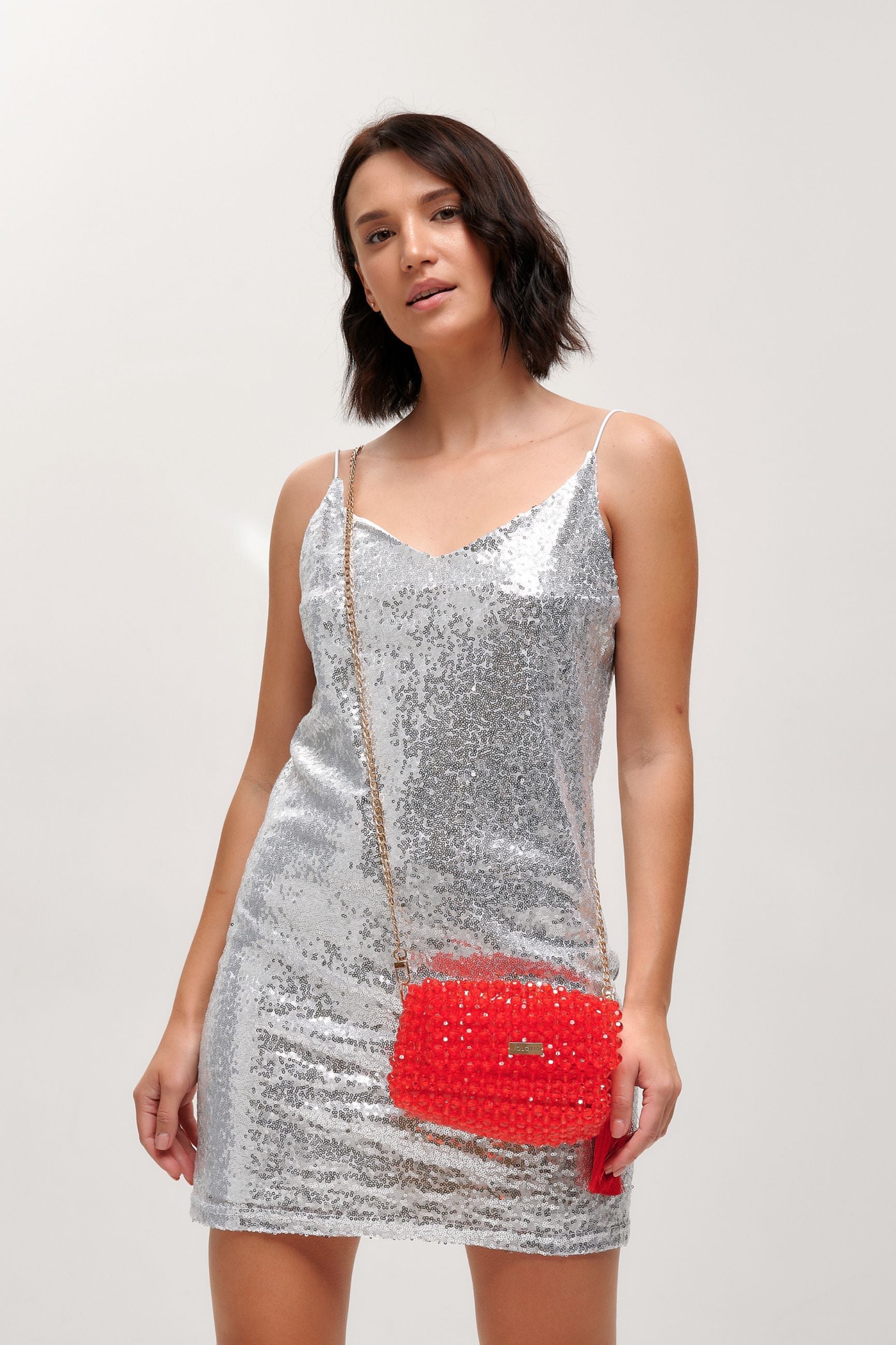 Red Clutch Bag Purse with Swarovski Acrylic Beads, Handmade