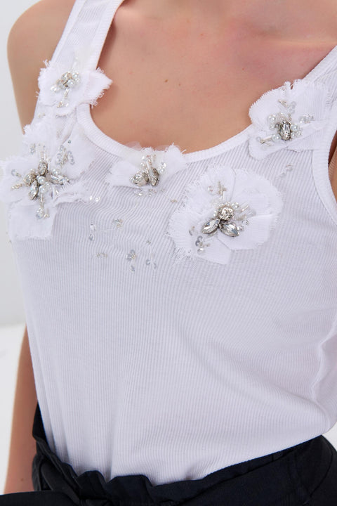 White Tank Top with Sequins, Beads, Swarovski Rhinestones and Handmade Embroidery Ornaments