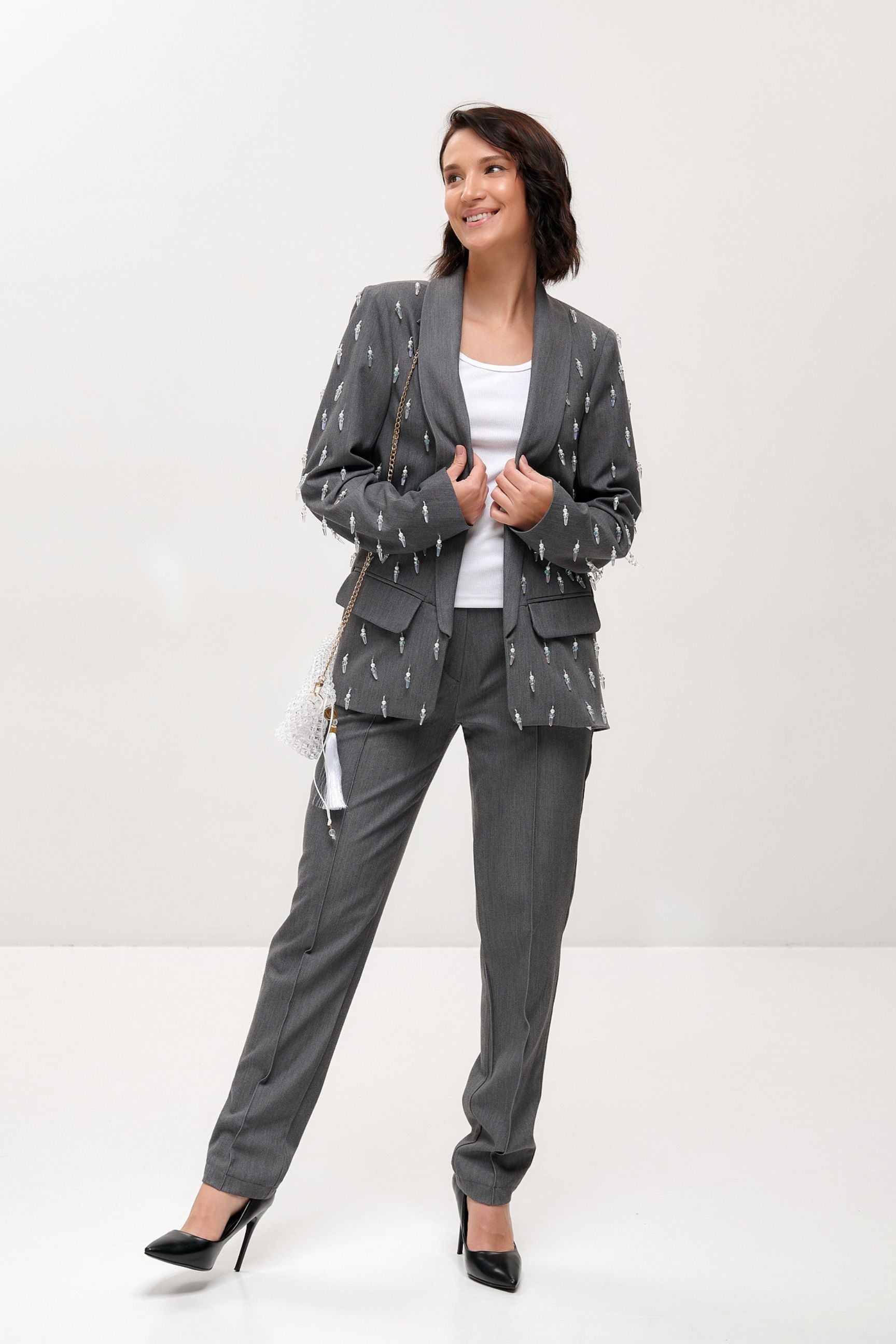 Classic Suit Blazer for Women, Regular Fit, Business Blazer with with Swarovski Pearls and Crystal Beads