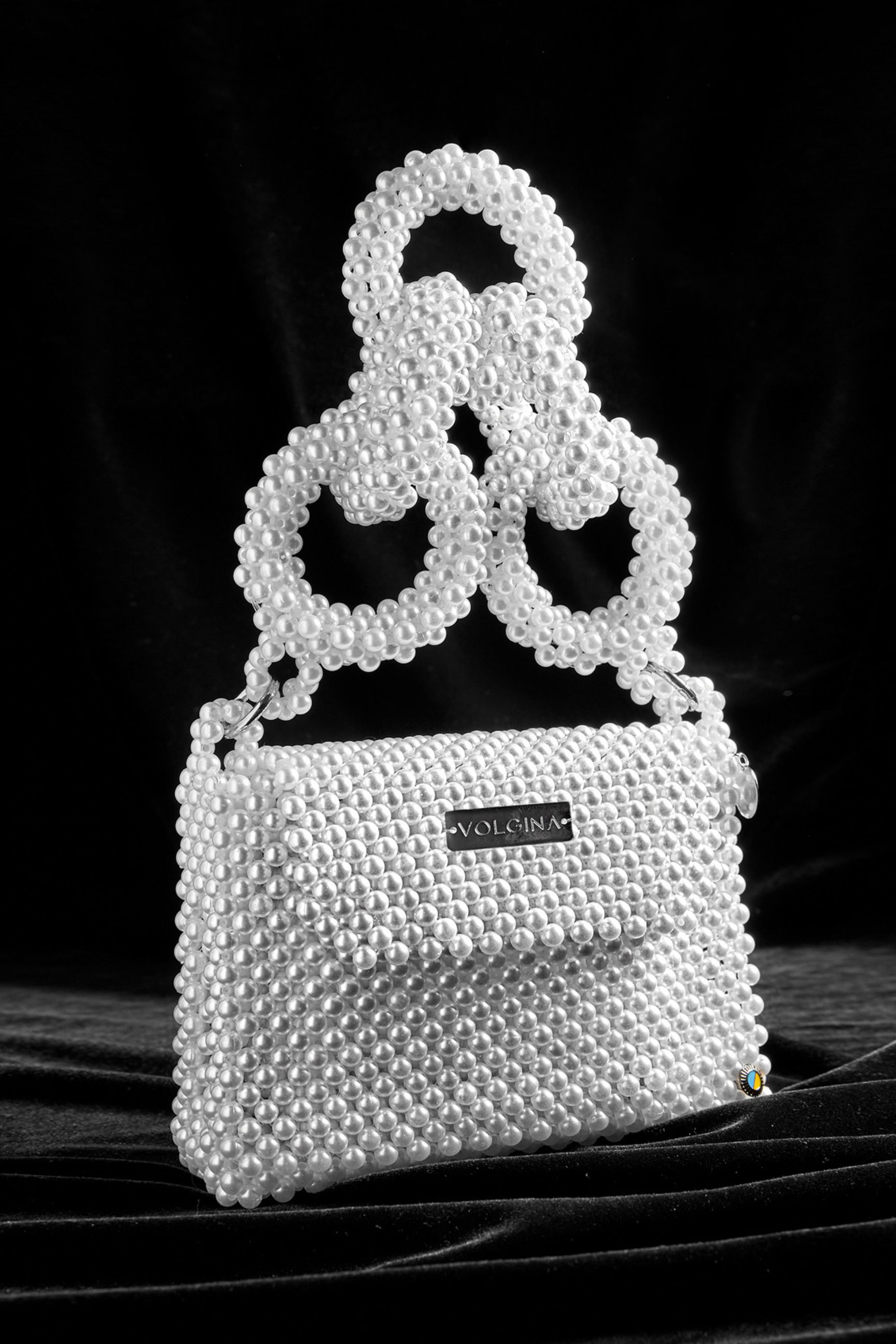 White Medium Handbag with Swarovski Pearl Beads, Handmade
